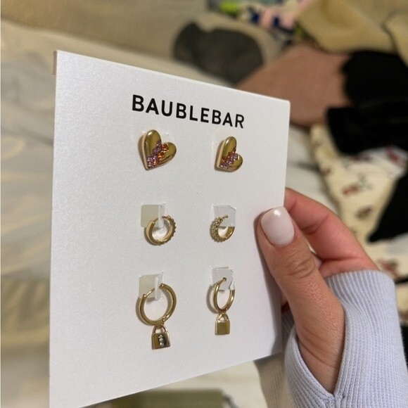 BaubleBar Love Lock Stud, Huggie, & Drop Earrings Set - Picture 3 of 3